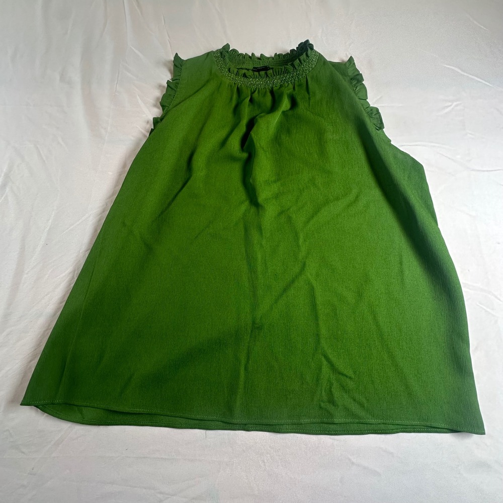 Ann Taylor Factory Green Smocked Ruffle Neck Sleeveless Blouse Top Medium